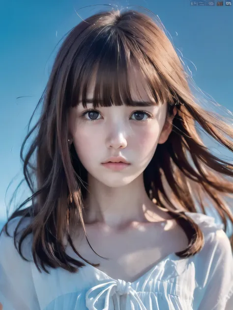 (Close up face shot of slender small-breasted red brown wavy long hair with dull bangs girl wearing a white summer dress:1.5)、(One girl is crying face with tears at the cape of the sea in Japan:1.5)、(Beautiful midnight with full moon on the sea:1.5)、(blurr...