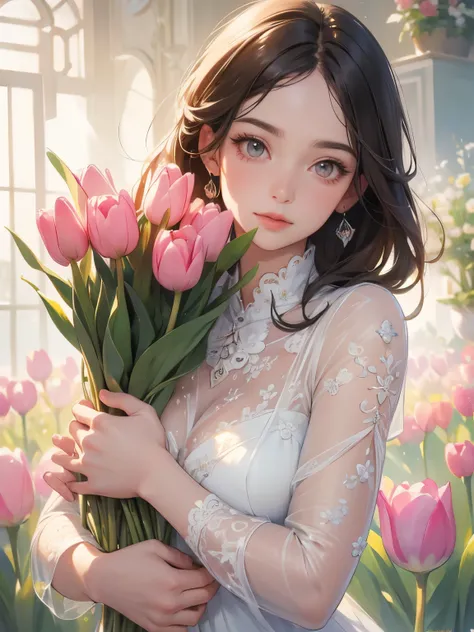 Fill the entire screen with tulips、Drawings of tulip flowers in different varieties and shades、Botanical Art、Photorealism、Detailed Description、Artistic photography、(Highest quality, masterpiece, High resolution)、4K、wallpaper、