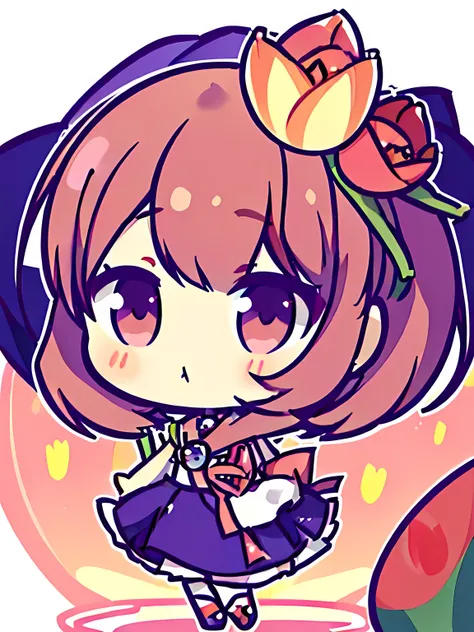 ((masterpiece, best quality, high resolution)), Anime-style images, (((tulips on head:1.4, A single tulip blooms from her head))), white background, simple background, Chibi, Face without a nose:1.4, Half-open eyes, Slightly Big eyes, ((Persona 3 character...