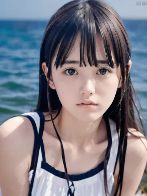 (close up face shot of slender small-breasted dark silver long hair with swept bangs girl wearing a white summer dress:1.5)、(one...