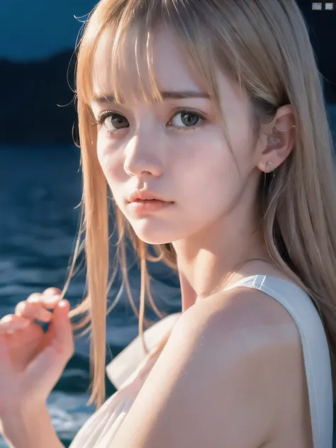 (Close up face shot of slender small-breasted half up blonde long hair with bangs girl wearing a white summer dress:1.5)、(One blonde hair girl is crying with tears at the cape of the sea in Japan:1.5)、(Beautiful midnight with full moon on the sea:1.5)、(blu...