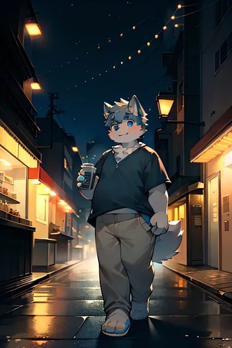 A dog boy，The scene takes place at night。Ocean blue eyes，Gray hair，Casual Wear，Slightly chubby，solo，cute，hairy，Fur，street，Alone，Holding coffee
