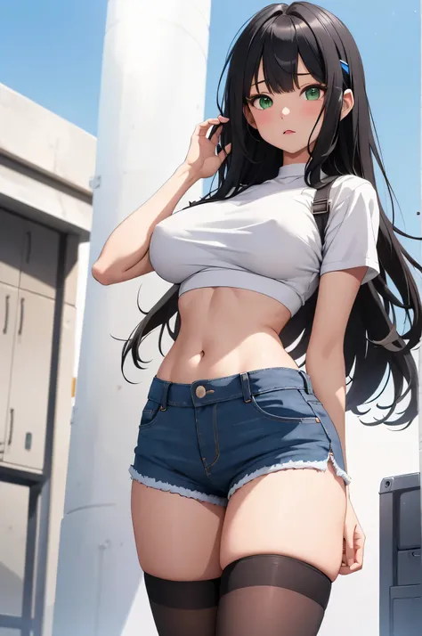 One girl, alone, Long Hair, (Large Breasts:1.3、Chest visible from below:1.2), View your viewers, blush, bangs, Tight shirt, Black Hair, hair ornaments, Knee socks, belly button, Mouth closed, Green Eyes, Are standing, whole body, White shirt, Short sleeve,...