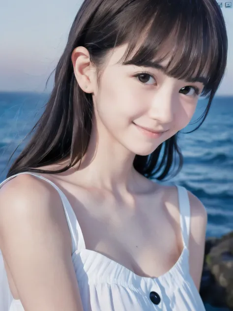 (Close up face shot of slender small-breasted half up brown long hair with bangs girl wearing a white summer dress:1.5)、(One girl is looking down with tender smile at the cape of the sea in Japan:1.5)、(Beautiful moonlight midnight with sea:1.5)、(blurred ba...