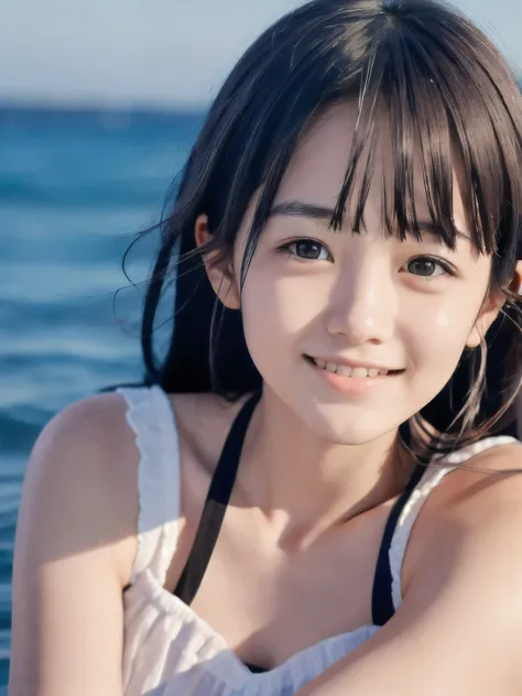 (close up face shot of slender small-breasted dark silver long hair with swept bangs girl wearing a white summer dress:1.5)、(one...