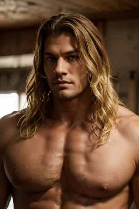 homme tres grand, monstrously muscular, without tattoo, a brutal face but with a captivating look, mid-length blonde wavy hair