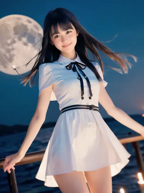 (close up face shot of slender small-breasted two side up black medium hair with bangs girl wearing a white summer dress:1.5)、(o...