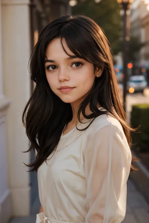 ((best quality)), ((masterpiece)), (detailed), beautiful thirteen year old girl, perfect face, calm expression, soft expression, not fully smiling, (dark brown eyes), (black eyes), photorealistic, detailed long hair, perfect lighting, (young), delicate, ge...