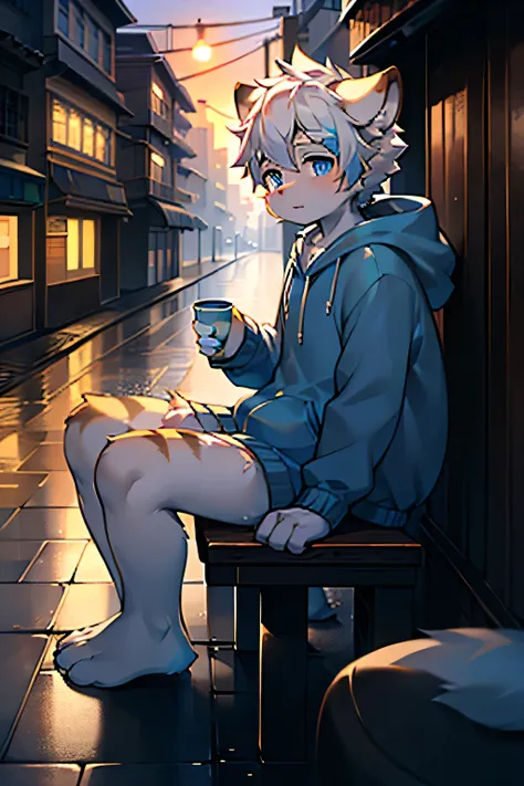 A tiger boy，The scene takes place at dusk。Sky blue eyes，White hair，Casual Wear，Navy blue hooded sweatshirt，Strong build，solo，cute，hairy，Fur，street，Alone，Holding coffee，Ultra HD，Sitting on the side of the street
