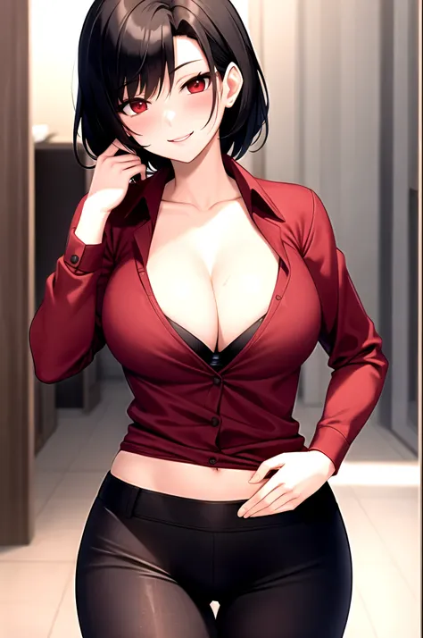 Ada wong,red shirt,Cleavage,Black pants,smile,sexly,upturned collar shirt, popped collar shirt, High collar shirt,blush,