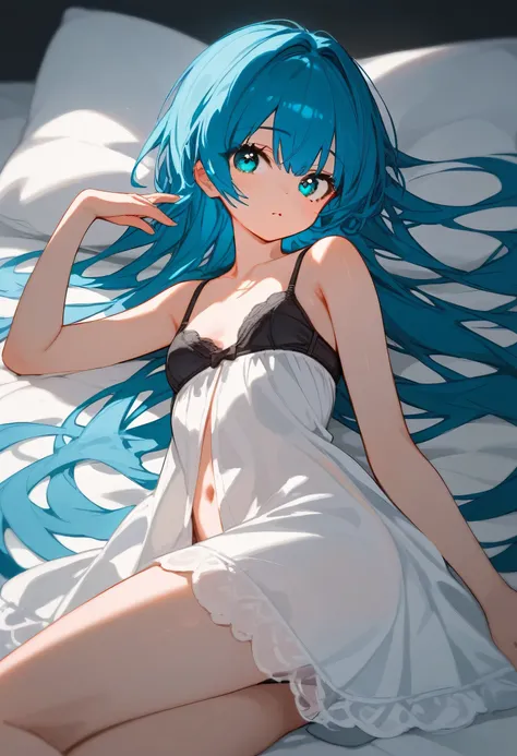 score_9, score_8_up, score_7_up, score_6_up, score_5_up, BREAK source_anime, rating_questionable, 1girl, small breasts, skyblue hair, very long hair, mint eyes, lie on bed, white nightdress, black bra, black underwear, lie on her side