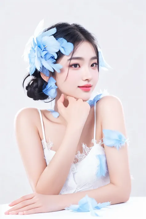 there is a woman with a blue flower in her hair, beautiful young korean woman, girl with feathers, with blue skin, chinese girl, beautiful south korean woman, captured on canon eos r 6, photo taken with nikon d750, photo taken with nikon d 7 5 0, blue feat...