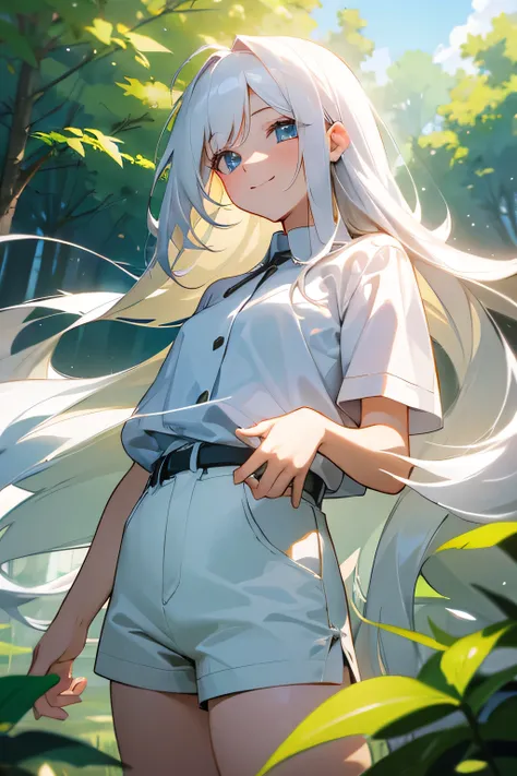 1girl,nature,white long shiny hair,sunlight,hands below chin,staring at viewer,smiling,attractive,white shirt,white shorts,ultrasharp,high res,8K,masterpiece,award winning,cute