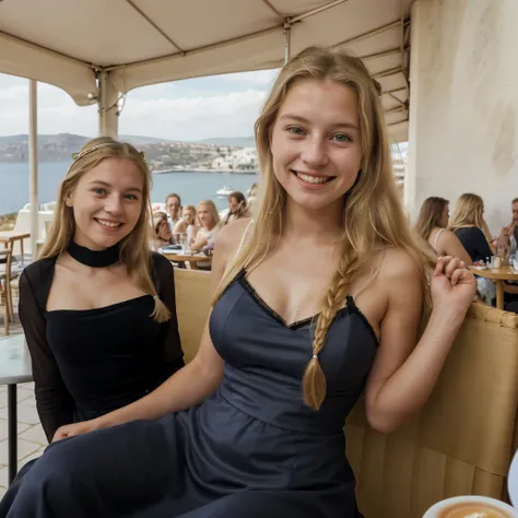 Isabella Verhoeven, dutch girl, pretty looking, 19 years old, smiling, looking at camera, long blonde hair, light skinned, round eyes, wear a form-fitting dress, the best view of Greece in the background, people in the background, sitting at a café, hyper ...