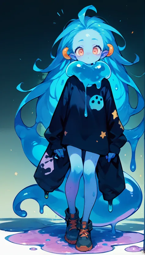 a blue woman slime, blue skin and hair, loose clothing, fully body, full viwer