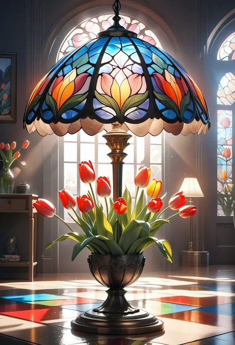 a detailed glass lighting fixture, stained glass effect, soft lighting, hyper-realistic, tulip-shaped floor lamp, intricate, art...