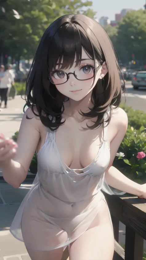 Browsing Caution, Vaginal , (View your viewers, A light smile, ), brown hair, Brown eyes,  lupong hair, hair_flight, Fluttering hair, flight_hair, ((Transparent Glasses, Glasses, Glasses_upon_nose)), ((Transparent white dress)), (Down blouse), (Very good),...