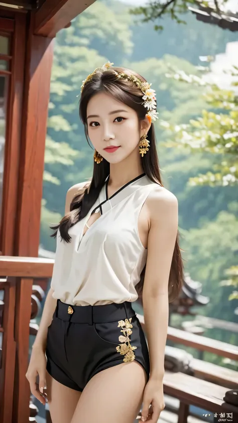 (sfw:1.5),(masterpiece, highest quality:1.2),arafe asian woman wearing a pure white dress and black shorts, gorgeous chinese mod...