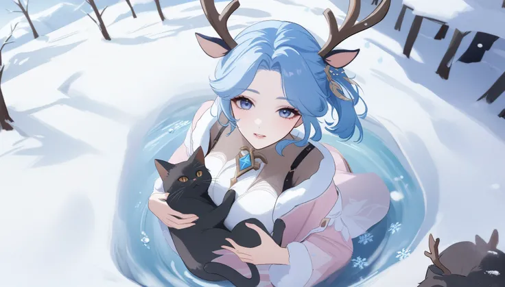 work of art, best qualityer, very aesthetic, absurderes, 1 girl, mellow_senora,Pink_May,addressed_Nipple botch,Hugging a cat,,hired,hired(impacto genshin), antlers, short blue hair,,snow land,floating drops of water,From  above, wallpaper 16x9