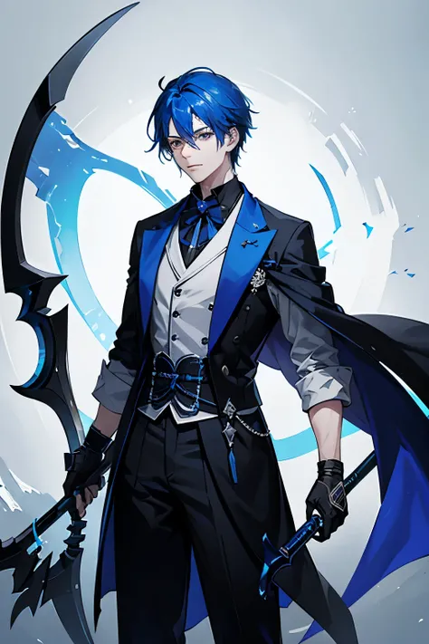 A blue-haired man holding a pale scythe。The background is night。The face looks good and is beautiful。