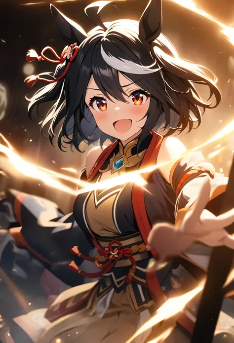masterpiece, best quality, extremely detailed CG unity 8k wallpaper, A character from the anime Uma Musume. Precise illustration of Kitasan Black,  horse ear, Light effects, Lightning effect, The background is dark and the light of the spotlight, Motion Bl...