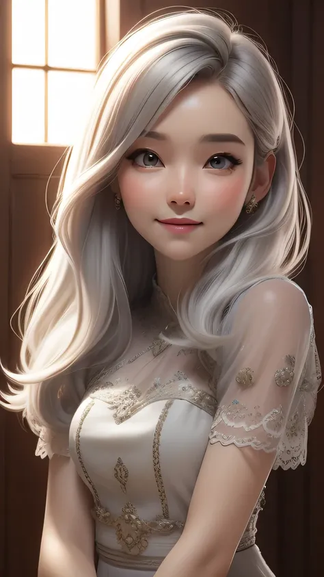 Medium body shot,dynamic lighting, sunny field)), (cute:1.3), grey hair, (pale skin:1.1), (soft smiling:1.1), detailed face, detailed gray eyes, detailed skin texture,red dress, on park, sun ray, by ilya kuvshinov, nina masic, sharp focus, natural lighting...