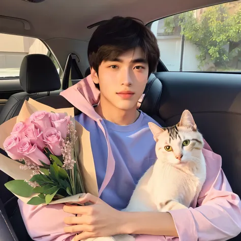 Young man holding a cat in the car，Holding a bouquet of pink flowers