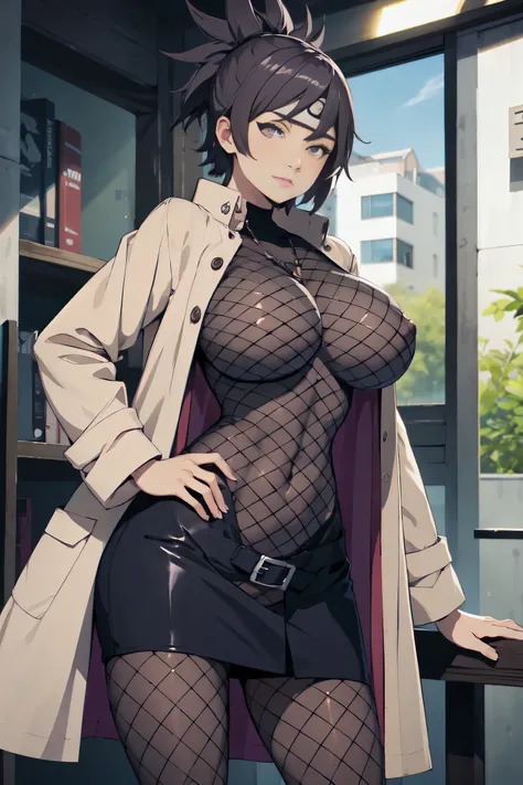 mitarashi_anko, huge_breasts, groin, nipple, standing, solo, Anko_fishnet_bodysuit_bare_legs_Brown_microskirt_Brown_open_trench_coat, forehead_protector, masterpiece, best quality, detailed face, detailed eyes, highres,