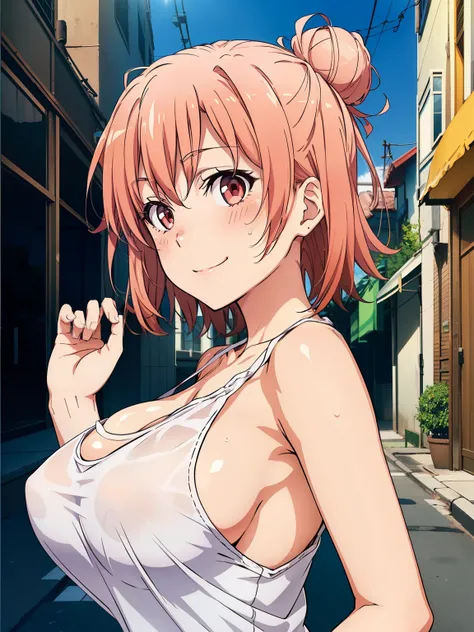 ((Highest quality, High resolution,  Perfect Pixel,  4K)),  (Beautiful Anime Girls), Depth of written boundary、

Perfect body, 

yuigahama yui, (Big Breasts:1.3)、 Red eyes、 short hair, Single hair bun、


White tank top、Sideboob、

(Sweat、blush:1.1)、smile、

...