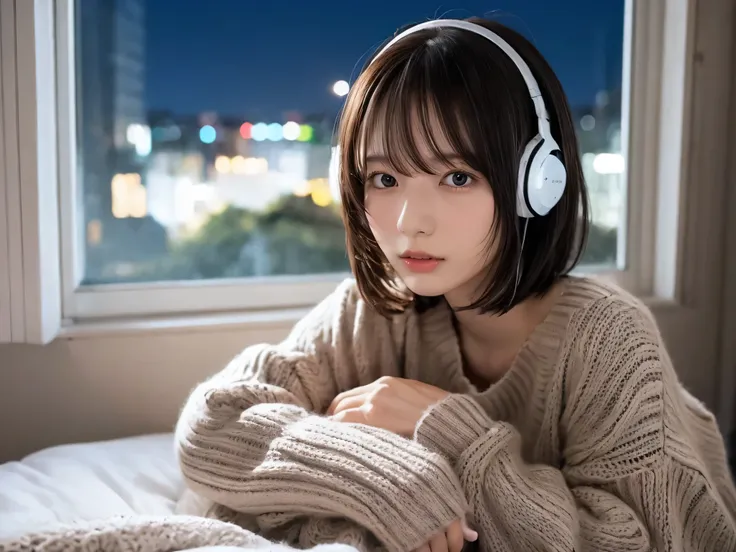 a detailed anime girl, wearing a large sweater, wearing headband headphones, lofi, tranquil, quiet vibes, chilling, in her bedro...