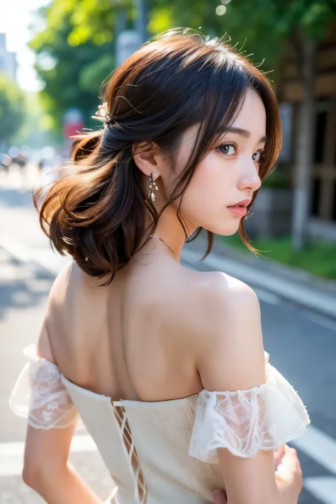 ((Realistic Sunlight, 8k, Top Quality, Masterpiece: 1.3)), Best Quality, Illustration, Ultra-detailed, finely detail, high resolution, 8K Wallpaper, Perfect dynamic composition, Beautiful detailed eyes, (Tight off-the-shoulder knit dress, : 1.3),Big breast...