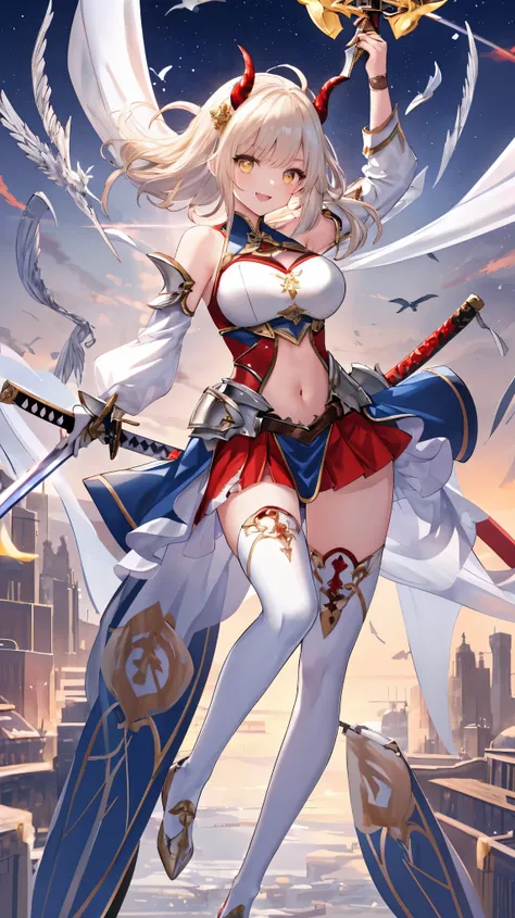 fantasy, 1devil_girl, low_teen, platina_blond_hair,long_bangs,, bare_shoulder, navel out, thighhighs,silver_armor, red_clothes,waist_armor, Glebe, hold_swords, large_breasts, dynamic_flying_pose,Floating,(pelvic_curtain:1.3), silver_Headgear ,looking_down_...