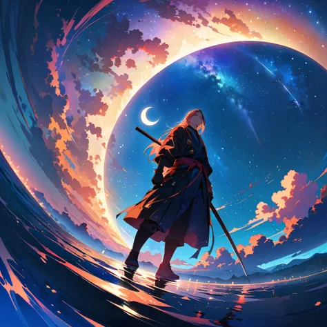 Crescent Moon,Official Art, Integrated 8K wallpapers, Very detailed,  masterpiece, Best image quality，Ultra Wide Angle，night，male,samurai，Standing by the salt lake，The water is like a mirror，Reflecting the sky,Look up at the sky，The Milky Way is in the sky...