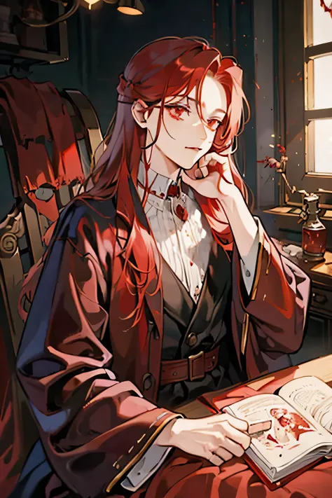 ((best quality)), ((masterpiece)), (detailed), Blood red eyes，Long red hair，Bloody Robe，，Cracks at the corners of the mouth extending to the ears，Showing sharp fangs，Q version villain，male，Cthulhu
