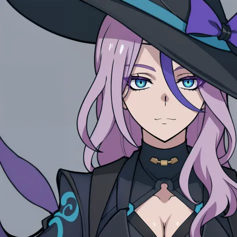 jade, light purple hair, blue eyes, snake eyes, hat, black clothes, navy blue clothes, 1girl, soft smile, masterpiece, (beautiful and aesthetic:1. 5), thick black lineart, clean lineart, perfect lineart, variable lineart, clean anime outlines, intense line...