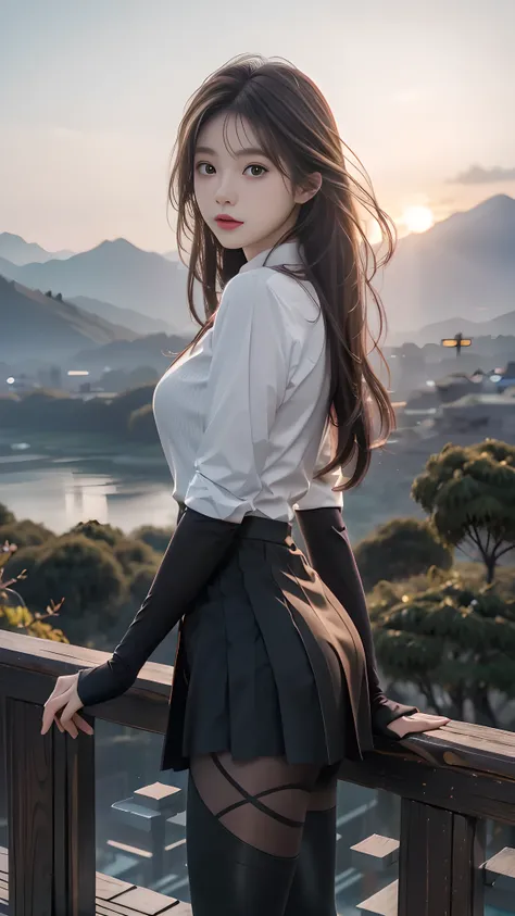 ulzzang-6500-v1.1, (RAW photo: 1.2), (Real photo), (Real photo: 1.4), 1 girl、Perfect anatomy、20 years old、Looking at the camera、Medium length hair、Uniform skirt, watching the sunset, ((in the mountains: 1.1))、(Hyperrealistic tights: 1.2), (Business service...