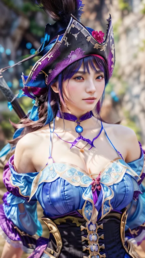 there is a woman in a blue dress and a pirate hat, inspired by Li Mei-shu, Fantasy with 4K detail, seductive mesmer woman, from ncsoft, inspired by Leng Mei, 8k octae render photo, from lineage 2, hyperdetailed fantasy character, mmo, a beautiful fantasy e...