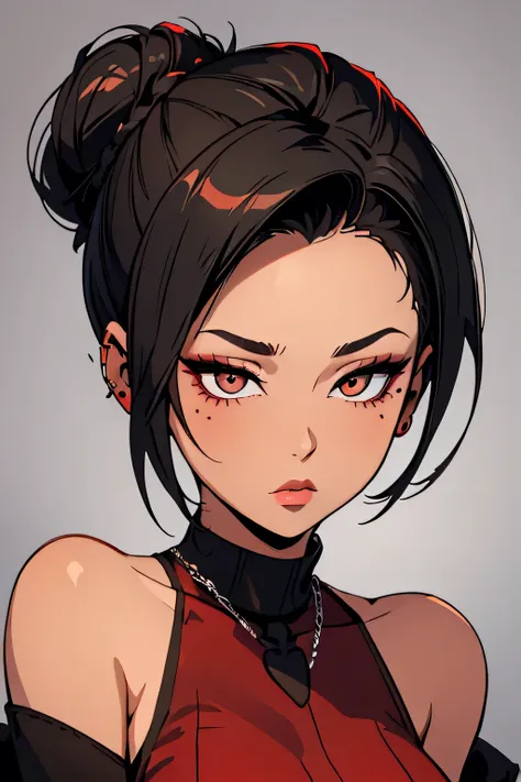 amazing portrait of a sexy woman with her hair tied back in a high bun with her eyes emphasised by smokey eyeliner gazing at us ...