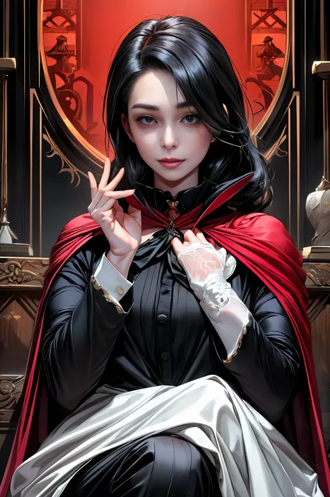 masterpiece, 最high quality, high quality, 1 girl, alone, Female focus, Watching the audience, Messy black hair, Adorable big blue eyes, White people, Noble, Noble,Sexy voluminous black and red cape、Tuxedo、A very voluminous, large, very large, very large,...