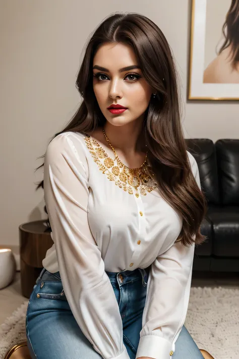 incredibly beautiful girl, big beautiful eyes, long fluffy eyelashes, full lips, makeup, sparkling mist, shine, complex hairstyle, medium plus size woman, hyper-realistic, ((An Elegant Woman, Wearing White Blouse, Brown Jeans, Wearing Gold jewelry, sitting...