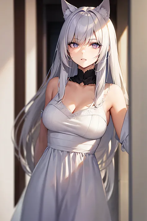 A cat girl in her late teens with white hair and amethyst eyes wearing a white dress in a hallway as a close up face pic of her 