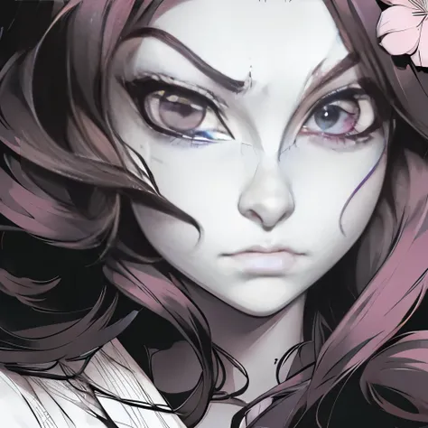 drawing of a woman with a flower on her face, anime styled, jojo anime style, detailed anime face, anime face, hisoka, highly detailed angry anime face, anime inspired, face anime portrait, angry look, stern look, pretty anime face, yayoi kasuma, anime sty...