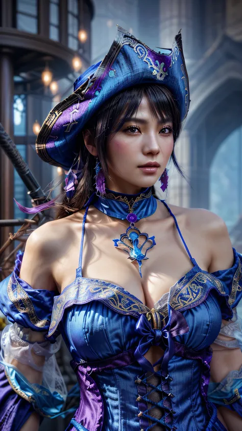 there is a woman in a blue dress and a pirate hat, inspired by Li Mei-shu, Fantasy with 4K detail, seductive mesmer woman, from ncsoft, inspired by Leng Mei, 8k octae render photo, from lineage 2, hyperdetailed fantasy character, mmo, a beautiful fantasy e...