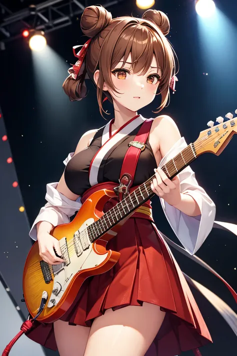 Top quality, ample limbs, perfect fingers, slender beauty, twin-tailed bun hairstyle, brown hair, Deresute, A costume of haori and hakama with a flashy pattern,Electric guitar, beautiful large breasts, live stage, Playing electric guitar