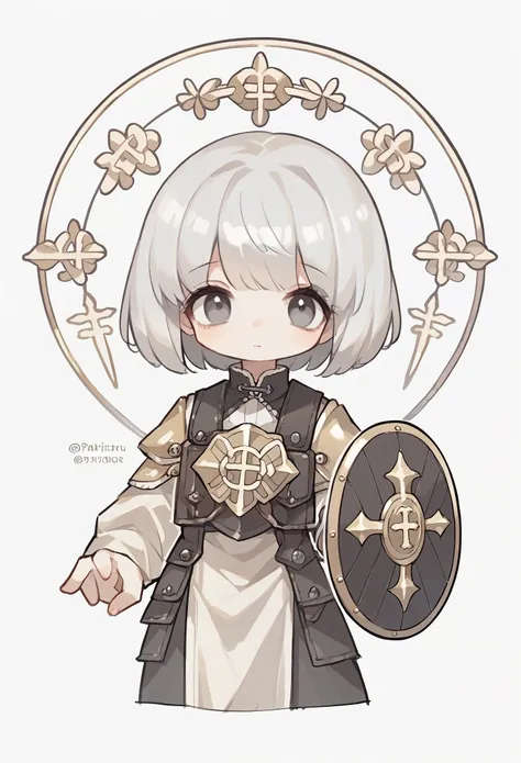 A human female around 10 years old。Priest in a fantasy world。Soft leather armor with a round shield in the left hand、rapier in right hand。Light chestnut bob cut。Plain white background。 Grey Eyes。