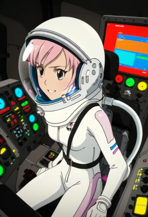 eva helm, spacesuit , astronaut), from above, pink hair, bubble helmet, space helmet, (1girl:1.1) wearing a (spacesuit:1.15), wh...