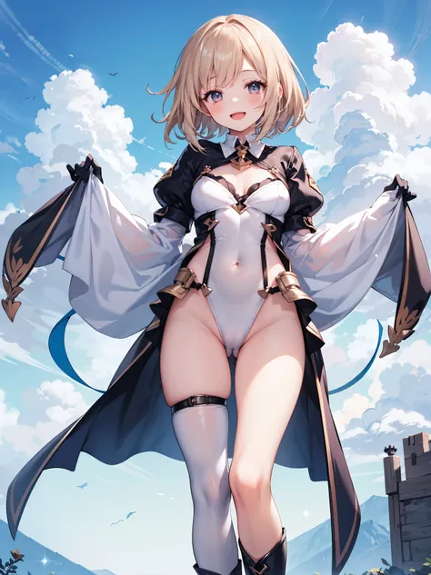 GRANBLUEfantasy,1young_teen_ girl,brown_hair,medium_bob_hair,platina_blond_hair,white_leotard,covered_crotch,thigh-highs,smile,standing,bluesky_landscape_background,slightly_spread_legs,happiness, short_gloves ,solo, r18, navel,relicbuster,short,boots,open...