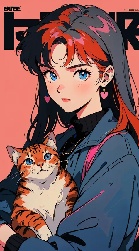 Best image quality, 1980s style animation, 24 year old girl, red hair, long hair, dark blue eyes, With a gray turtleneck, black coat, pink background, magazine cover, whole body , By the creek , posing, With an orange cat, the cat had a white collar.