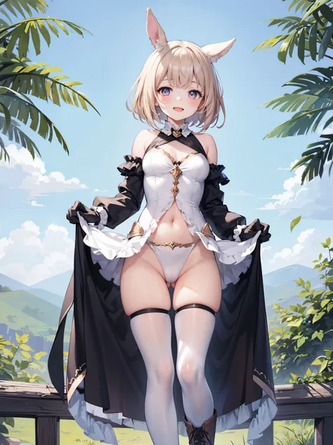 GRANBLUEfantasy,1young_teen_ girl,brown_hair,medium_bob_hair,platina_blond_hair,white_leotard,covered_crotch,thigh-highs,smile,standing,bluesky_landscape_background,slightly_spread_legs,happiness, short_gloves ,solo, r18, navel,relicbuster,short,boots,open...