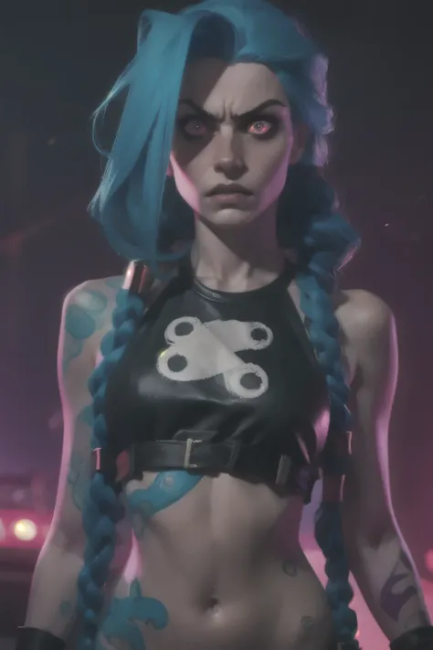 Hyper realistic super detailed Jinx cosplay , ((Young girl, 15 years old)), Very detailed, (hyper realistic: 1.4), in dynamic pose, (((angry face))), twin braids, long hair, blue hair, red eyes, tattooed, ((skinny Body)), ((angry face)), arcane style. ((Gr...